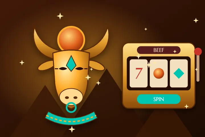 Lobby Beef casino Beef casino – złota głowa byka z tarczą słońca i automat BEEF na tle piramid