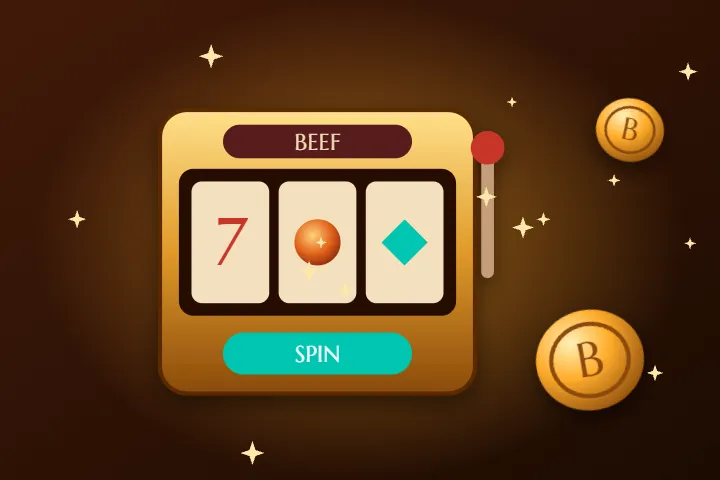 Sloty Beef casino Sloty w Beef casino – złoty automat BEEF z siódemką i przyciskiem SPIN oraz monety B
